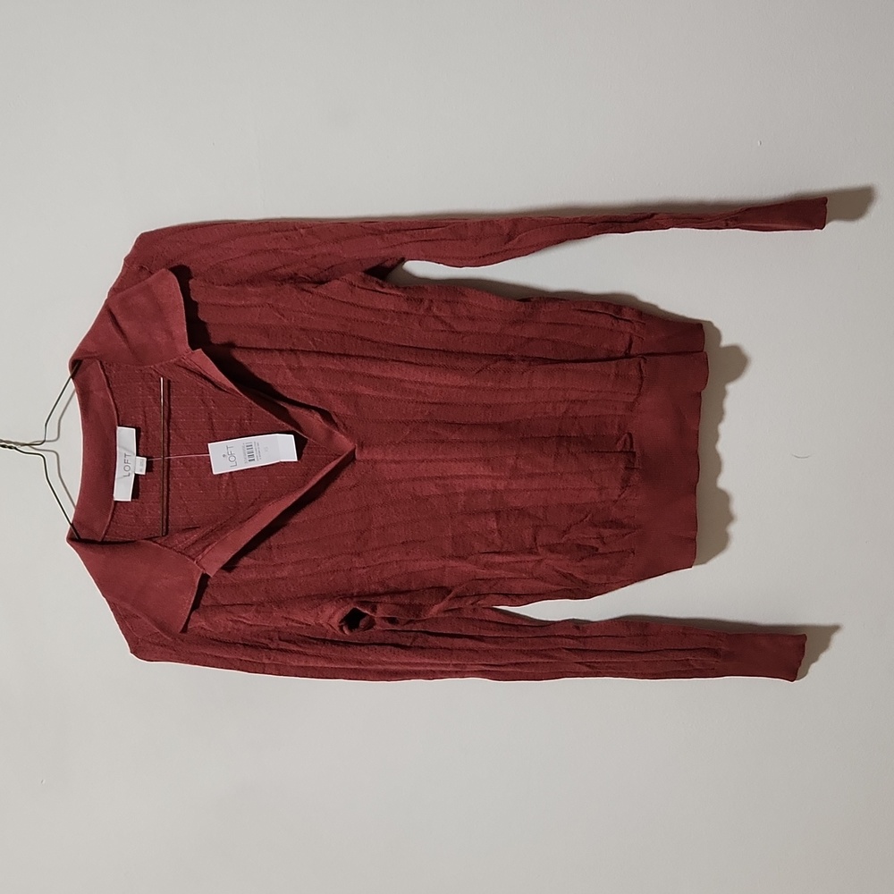 LOFT Cable Knit Polo Sweater Brick Red Cotton Blend XS NWT
